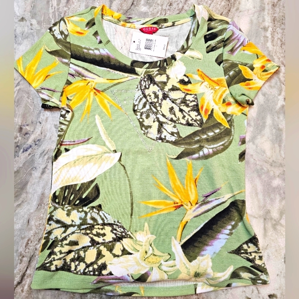 GUESS Tropical Floral Rhinestone Logo Tee Shirt Women’s Large NWT